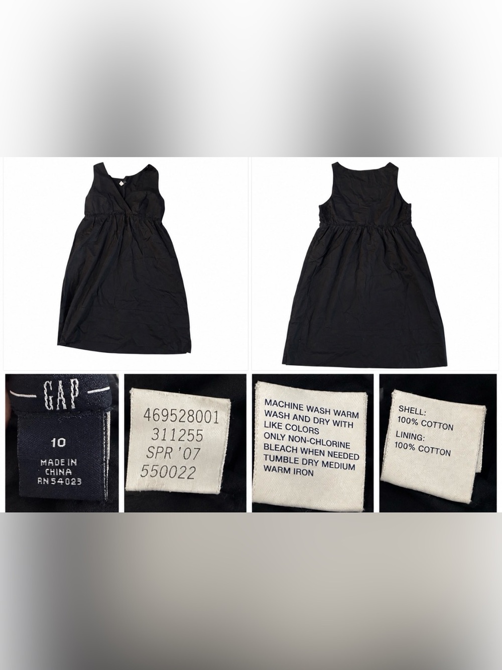 Gap Black Cotton Babydoll Dress Size 10 Sleeveless Empire Waist